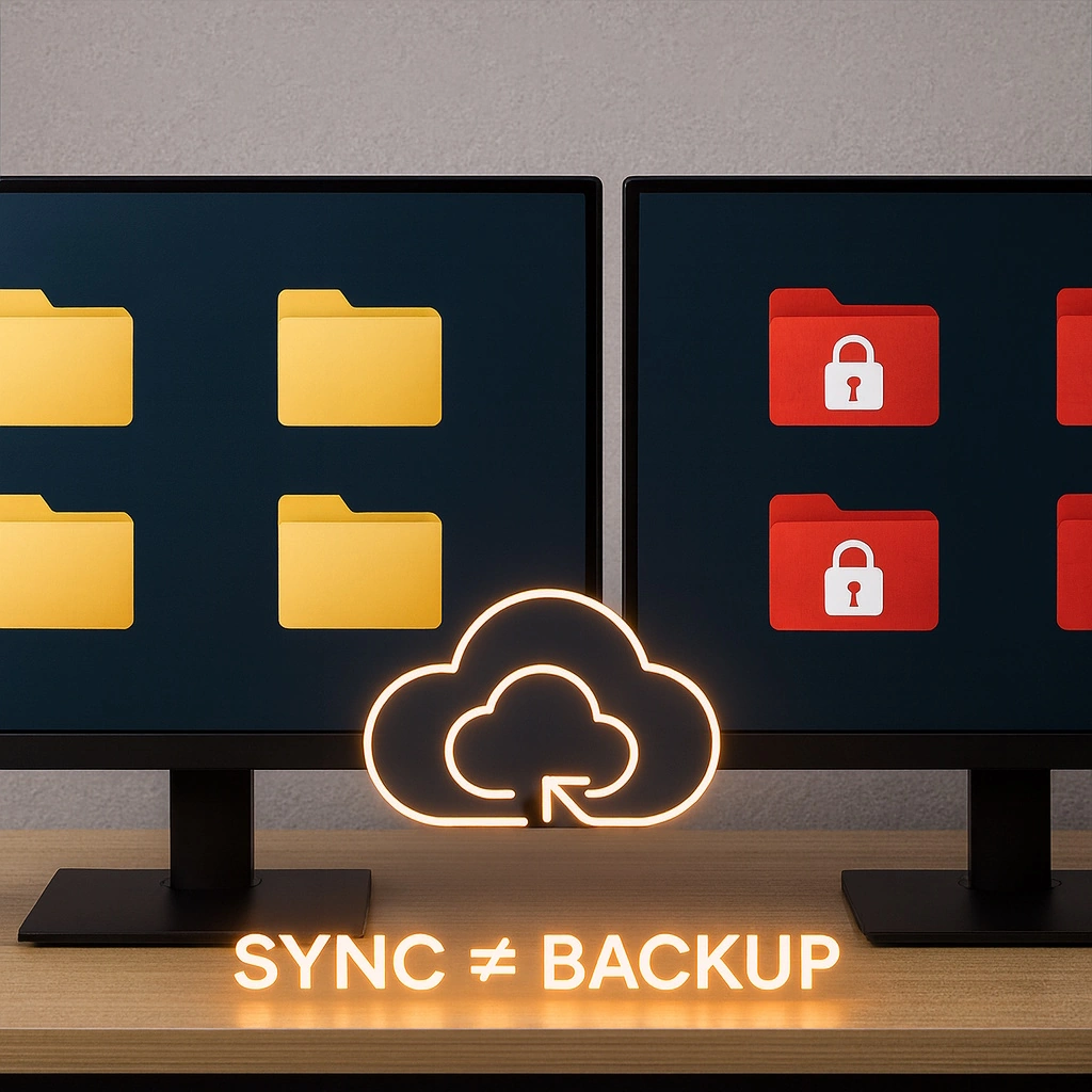 Illustration showing cloud file synchronization to explain why synchronized storage is not a true backup solution.