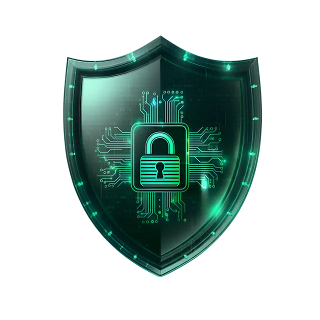 Cybersecurity shield with a digital padlock representing business cyber protection.