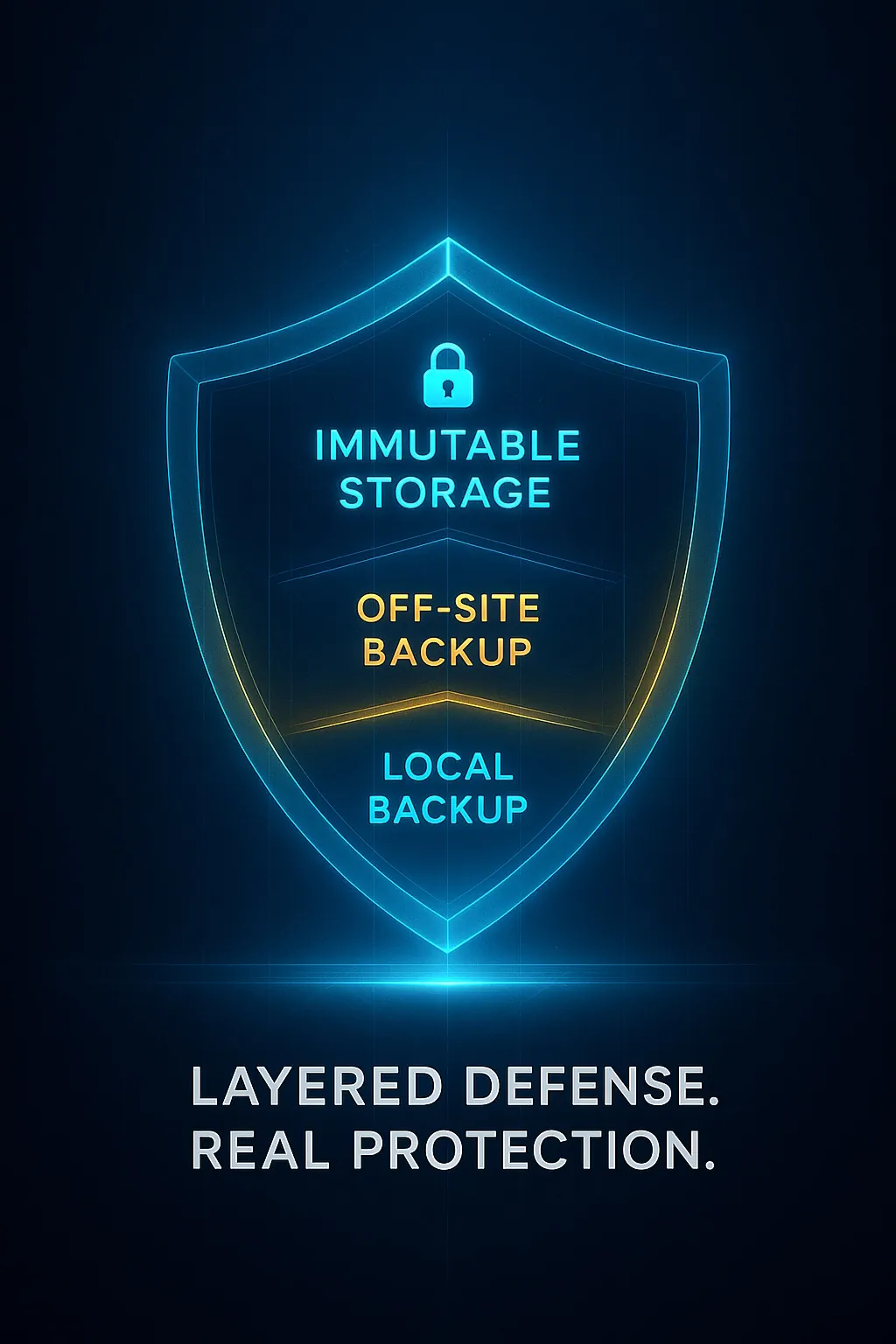 Illustration representing a layered backup strategy using local, cloud, and immutable backups to protect business data.