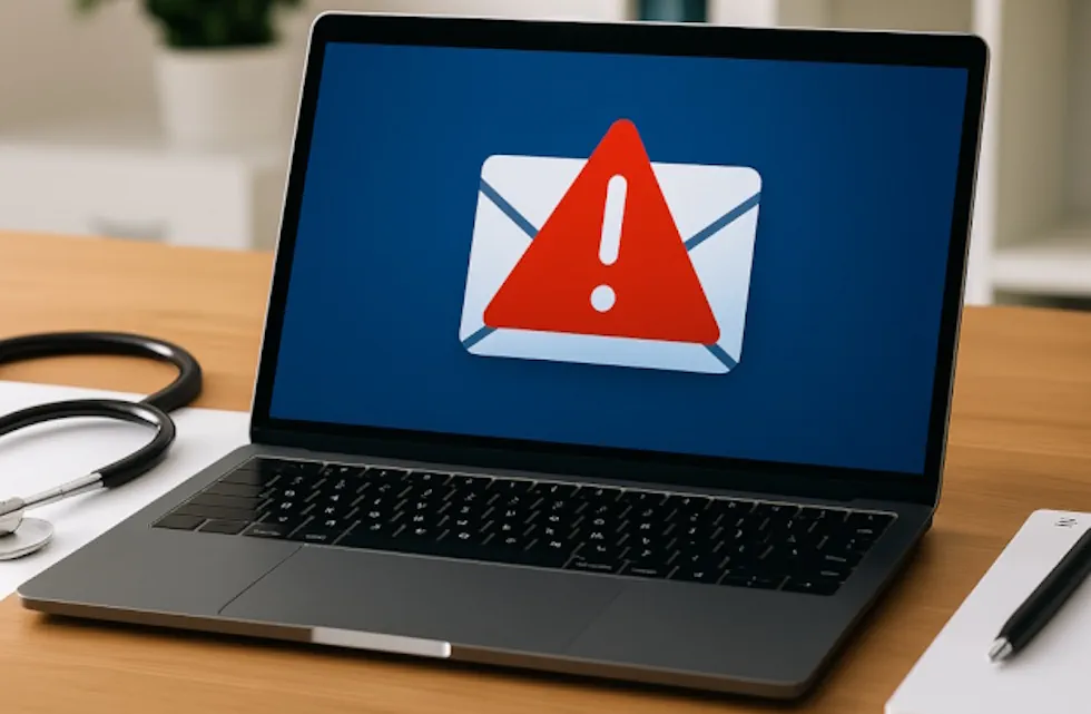 Laptop displaying a phishing email warning to illustrate business email security and phishing prevention.